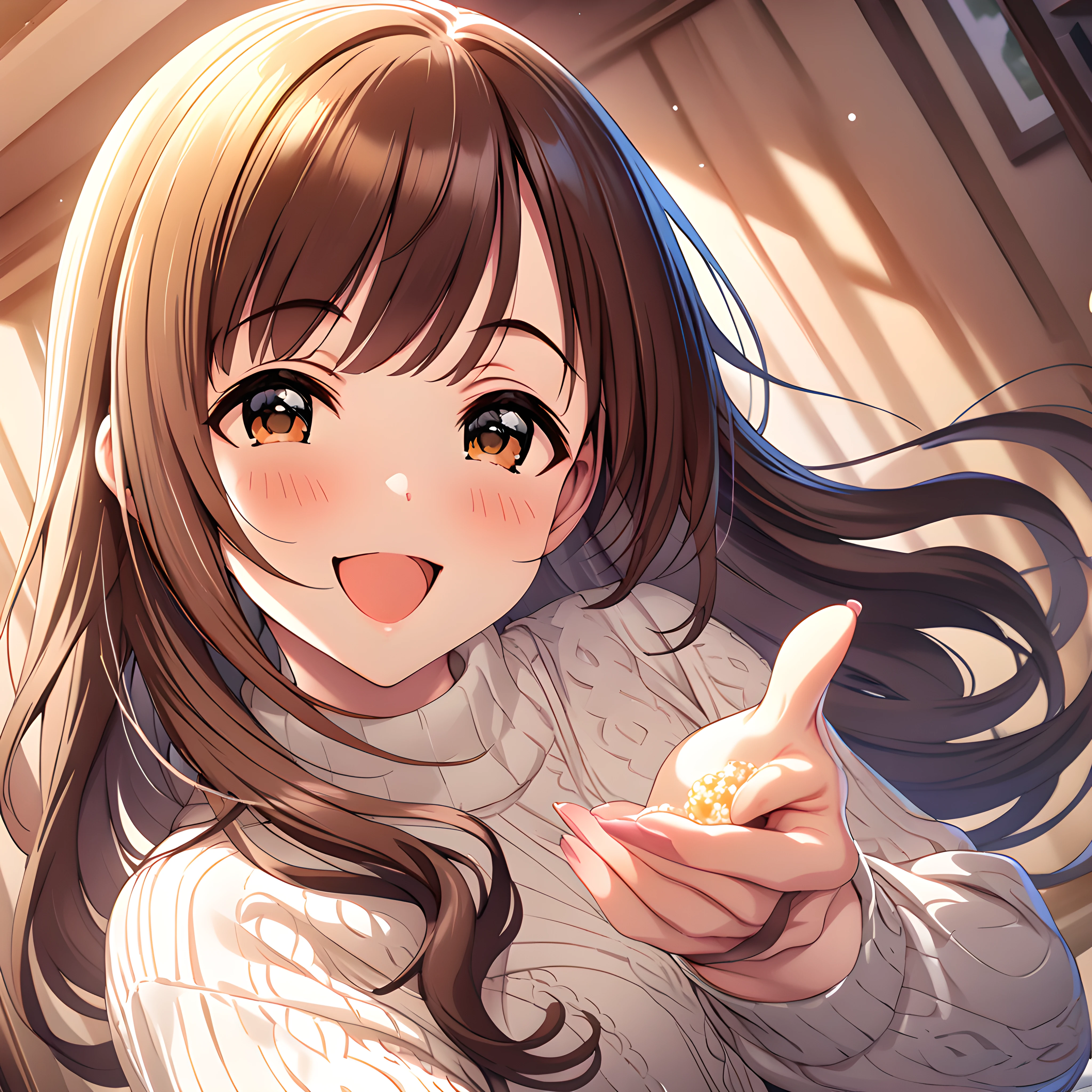 (masterpiece),(best quality),(ultra-detailed),(best illustration),(best shadow),(absurdres),(detailed background),(very aesthetic)kyoko igarashi, casualoutfit2, 1girl, solo, brown hair, long hair, looking at viewer, smile, open mouth, indoors, jewelry, blush, hair down, feeding viewer, <lora:Kyoko_Igarashi__äºååµé¿å­_-_The_Idolmster_Cinderella_Girls__ã¢ã¤ãã«ãã¹ã¿ã¼ã·ã³ãã¬ã©ã¬ã¼ã«ãº_SDXL_Animagine_XL_3.1:1>