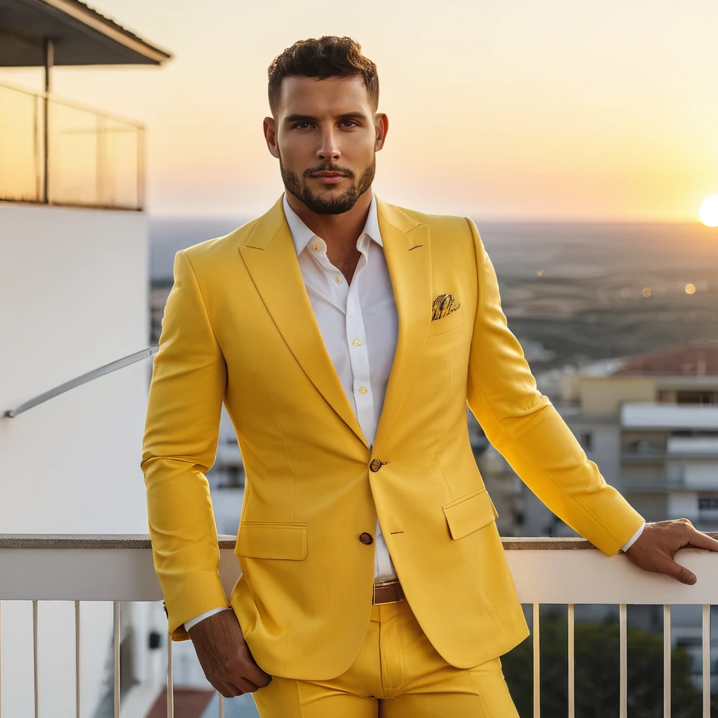 Hyperrealistic art half body photo of a man, facial hair, in a yellow suit standing on a balcony, handsome man, attractive man, handsome male, sun behind him, inspired by Pablo Munoz Gomez, shot at golden hour, editorial photograph, midshot of a hunk, by Artur Tarnowski,  n1ck, <lora:Nick_Bosa_SDXL_Amalga_r2:.9> . Extremely high-resolution details, photographic, realism pushed to extreme, fine texture, incredibly lifelike