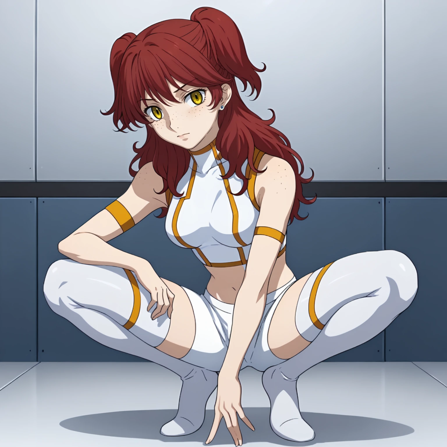 <lora:NenaTrinityXLpony006>,
solo,
NenaTrinity,1girl,
long hair,two side up,red hair,earrings,freckles,yellow eyes,
white bodysuit,midriff,sleeveless,
armband,
shorts,
white_thighhighs,
full body,squatting,legs_together,