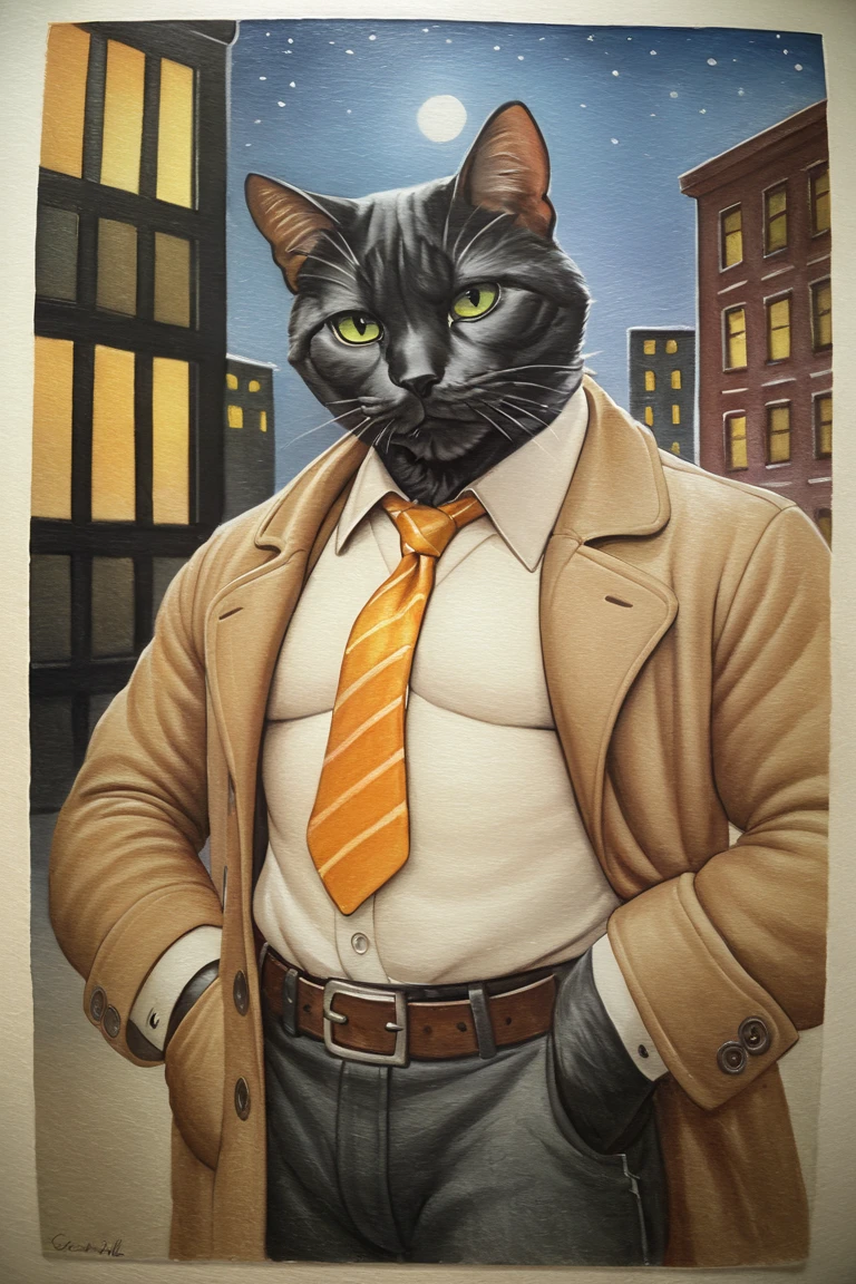 masterpiece, best quality, hi res, newest, traditional media, realistic, furry, black cat, cat, black fur, green eyes, white collared shirt, long sleeves, striped necktie, orange necktie, beige coat, black pants, muscular, 1boy, solo, male focus, mature male, looking at viewer, cowboy shot, standing, outdoors, city, building, night, night sky, dark background <lora:OIS Gold Fish Style LoRA_SeaArt Furry XL 1.0:0.7>