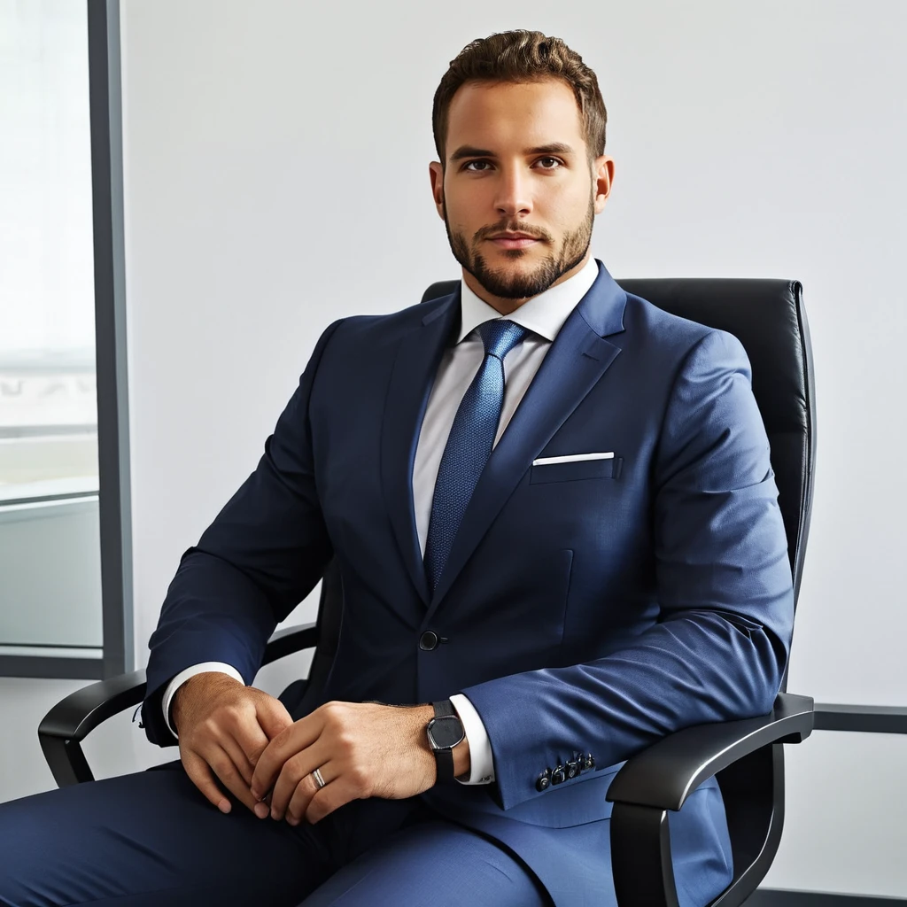 concept art half body photo of a man, facial hair, wearing a business suit, sitting on a chair, at an office, looking at viewer,n1ck, <lora:Nick_Bosa_SDXL_Amalga_r2:.9> . digital artwork, illustrative, painterly, matte painting, highly detailed