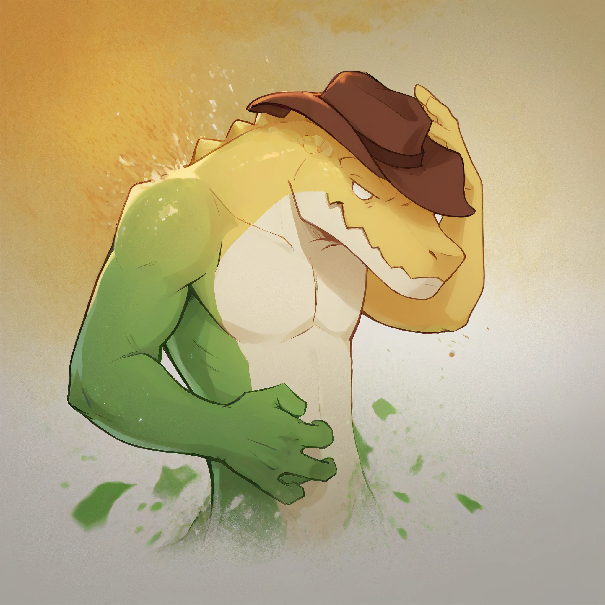 (((Detailed anatomy, detailed eyes, detailed body detailed face, best quality, detailed shading, high resolution))), solo, 1male, Gummigoo, gummy alligator, brown cowboy hat, adult body, muscle body, yellow top gummy body, green low gummy body, tail, white eyes, humping butt, butt, on the white background, by Buta99, by Zackary911