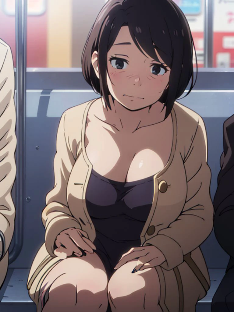 aunt_sasaoka,1girl,solo,cleavage, mature woman,(pouting, blushing heavily:1) chubby, Short hair, (tweed dress:1.2), big tits,looking at viewer,black eyes, blush,The girl who fell asleep on the subway did not know that showed a little of her chest just as an old man sitting next to her saw it
<lora:Auntnew:1>