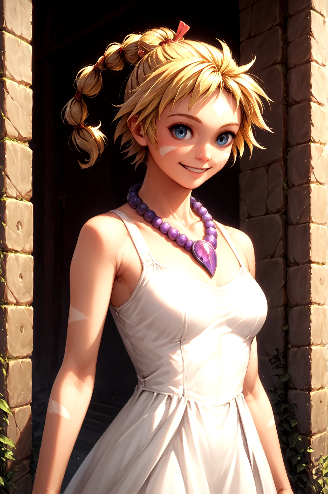 score_9,score_8_up,score_7_up,  <lora:Kid_cc_100steps16DimV2-000005:0.99> kid_cc, blonde_hair, facial_mark, necklace, sectioned_ponytail, 
white_dress, 
cowboy_shot, smile, , (high quality, detailed, beautiful)