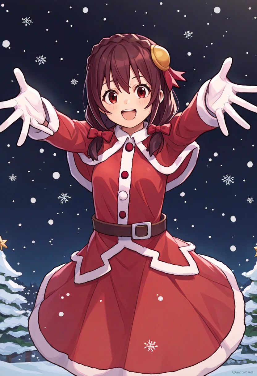 score_9, score_8_up, score_7_up, source_anime, solo, 1girl, yunyun, happy, looking at viewer, outstretched arms, crown braid, hair ornament, hair bow, christmas, red capelet, red dress, fur-trimmed dress, long sleeves, white gloves, snowing, outdoors <lora:konosuba_yunyun_ponyXL:1>