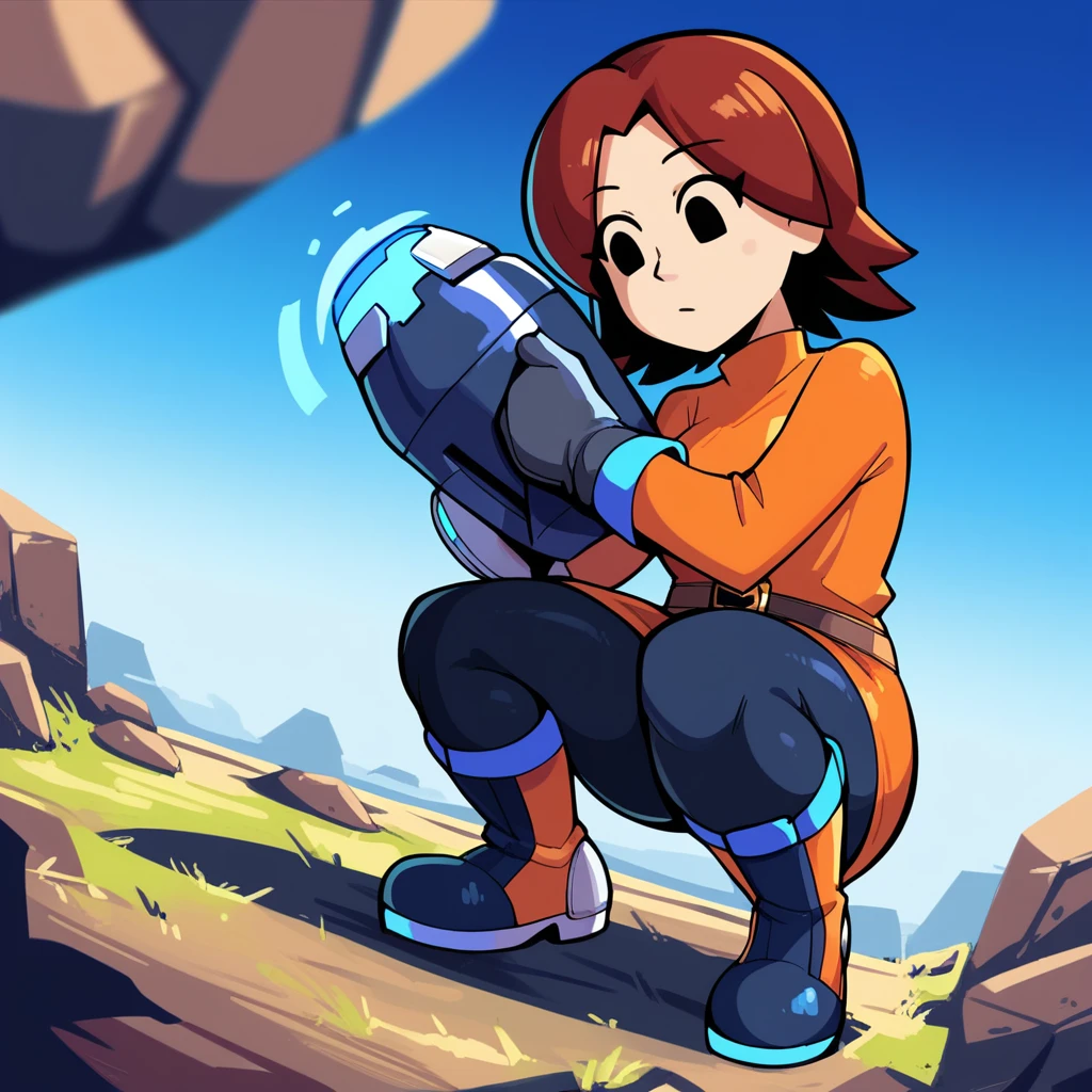 score_9, score_8_up, score_7_up, score_6_up, best quality, masterpiece, source_anime, detailed background, blue background, rocks, BREAK 1girl, mii_gunner_(\smash_bros_4\), large head, amber hair, female, black eyes, dot eyes, orange dress, long sleeves, black pants, boots, belt, gloves, arm cannon, squatting, looking down, thick thighs, dutch angle <lora:PDXL_MiiGunner_S4:1>