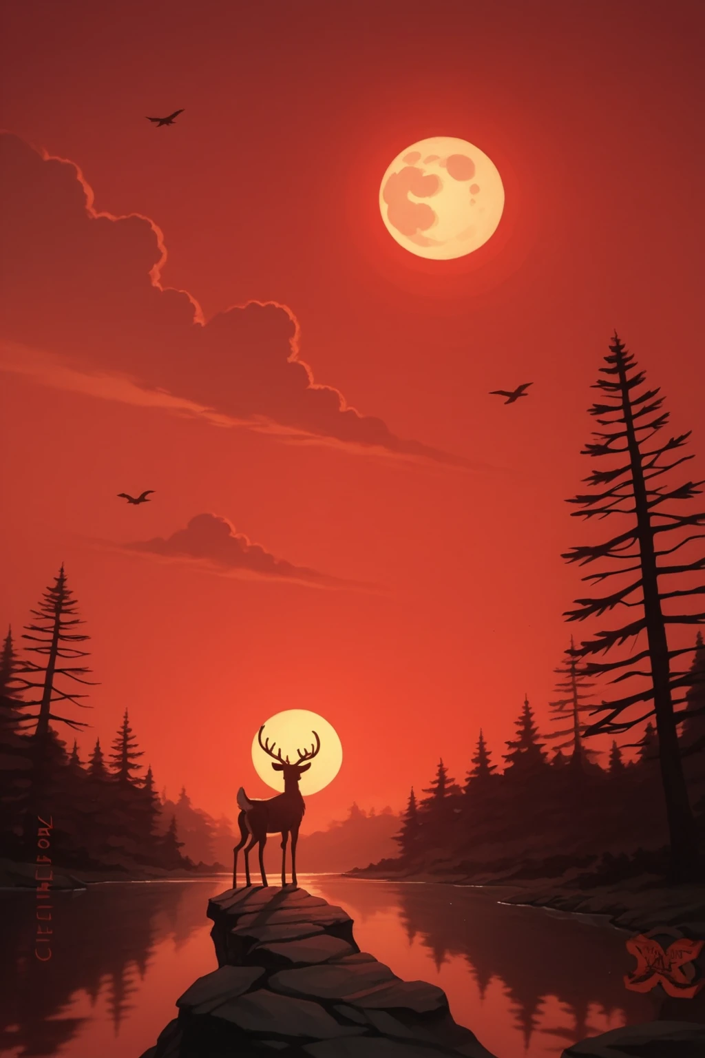 PonyXLV6_Scores , dsktrdcardxl, 1boy, animal, bird, cloud, cloudy sky, deer, forest, from behind, male focus, moon, nature, outdoors, red sky, reflection, scenery, silhouette, sky, solo, standing, tree, water, traditional media,  