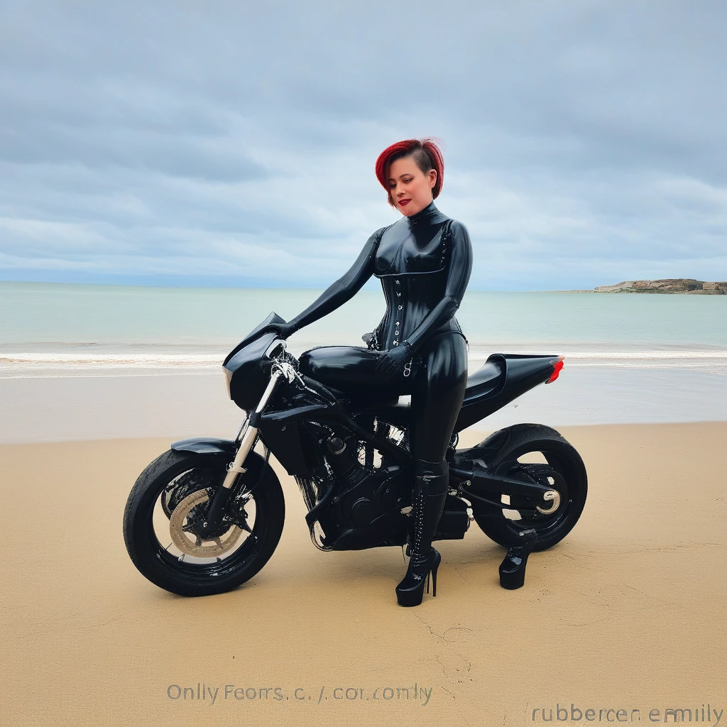 Rubber Emily, black latex rubber body suit, riding a motor bike on a beach