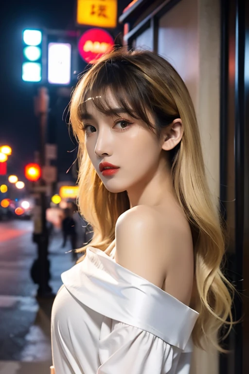 4k,best quality,(masterpiece:1.1),<lora:add_detail:0.5>,<lora:sl-luxuanxuan V7:0.7>,luxuanxuan,realistic,1girl,bangs,(blonde hair:1.2),off-shoulder_shirt,neon trim,night,street,