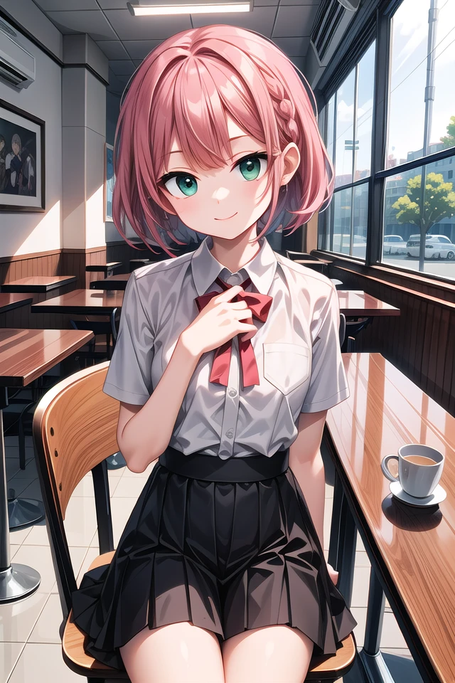 insanely detailed, absurdres, ultra-highres, ultra-detailed, best quality,
1girl, solo, nice hands, perfect hands,
BREAK,
wearing summer school uniform,
smile, closed mouth,
sitting on chair in front of table,
45 angle, cowboy shot, looking at viewer,
BREAK,
(tsurime:1.4),slender, kawaii, perfect symmetrical face, ultra cute girl, ultra cute face, ultra detailed eyes, ultra detailed hair, ultra cute, ultra beautiful,
by Canon EOS, SIGMA Art Lens 35mm F1.4, ISO 200 Shutter Speed 2000,
BREAK,
in a cafe,
pink hair, short hair, braids, green eyes