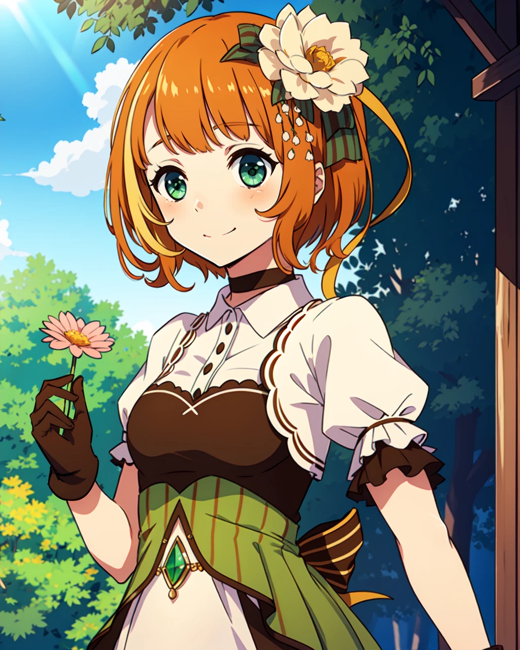 masterpiece, high quality, 1girl, mgrckonomiharuna, green eyes, orange hair, medium shot, upper body, green hair ornament with flower, brown choker, brown gloves, white shirt with puffy sleeves, green with brown dress, white with brown skirt, green gem on belly, light smile, outdoors, park, flower in hand, evening, sunglare, sky, clouds, <lora:konomiharuna-04:0.75>