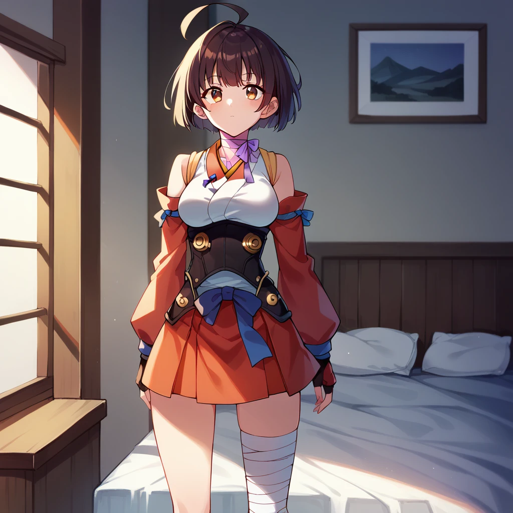 score_9,score_8_up,score_7_up,score_6_up,  <lora:Mumei - Koutetsujou no Kabaneri-000003:1>, 1girl, standing, bedroom, bed, medium breasts, "KabaneriMumei,short hair,brown eyes,ribbon choker,purple ribbon,Japanese clothes,corset,hakama short skirt,long sleeves,blue ribbon,ahoge,bandaged leg,fingerless gloves, detached sleeves"