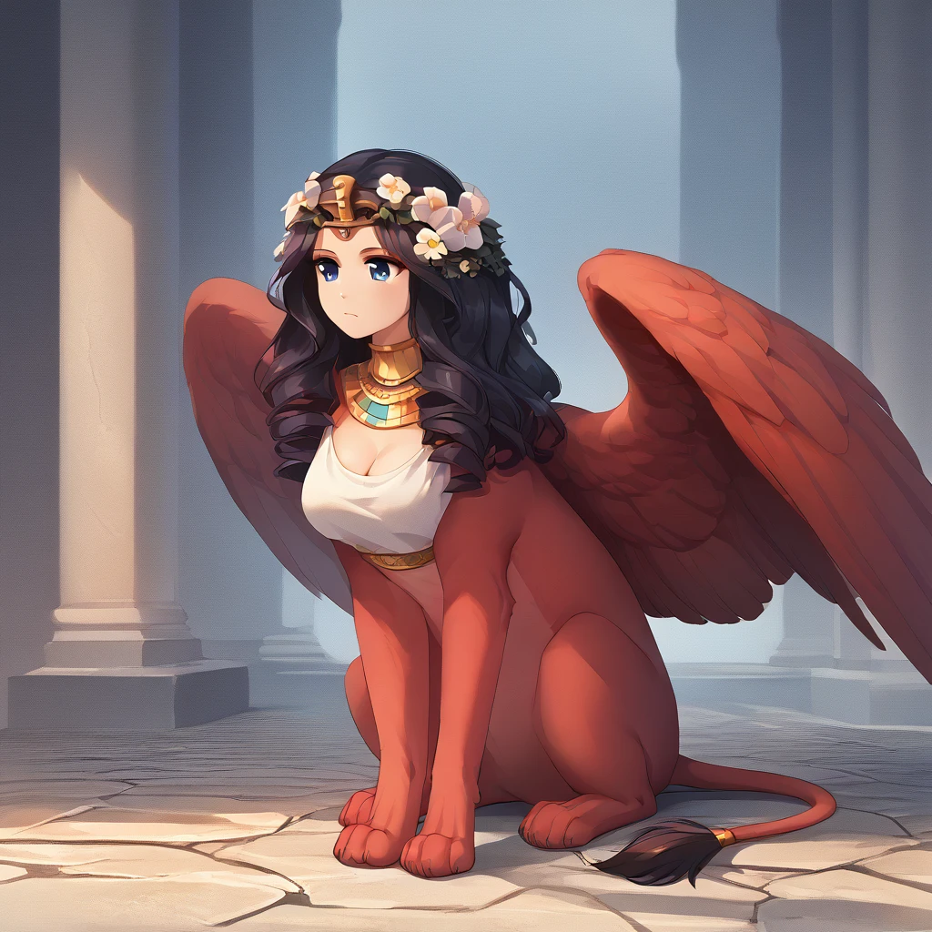 <lora:SphinxbodyBooster:0.7> mythological sphinx, (busty feral:1.1), feral, quadruped,  score_9, score_8_up, score_7_up,  score_6_up, score_5_up, score_4_up, source_furry, source_cartoon, rating_safe, mythological sphinx, busty feral, solo, female, feral, breasts, clothed, jewelry, feathered wings, hair, mammal, humanoid face, human nose, soft shading, countershading, detailed background,  in a sprawling city, black hair, blue eyes, red body, sitting on haunches, flower-shaped hair