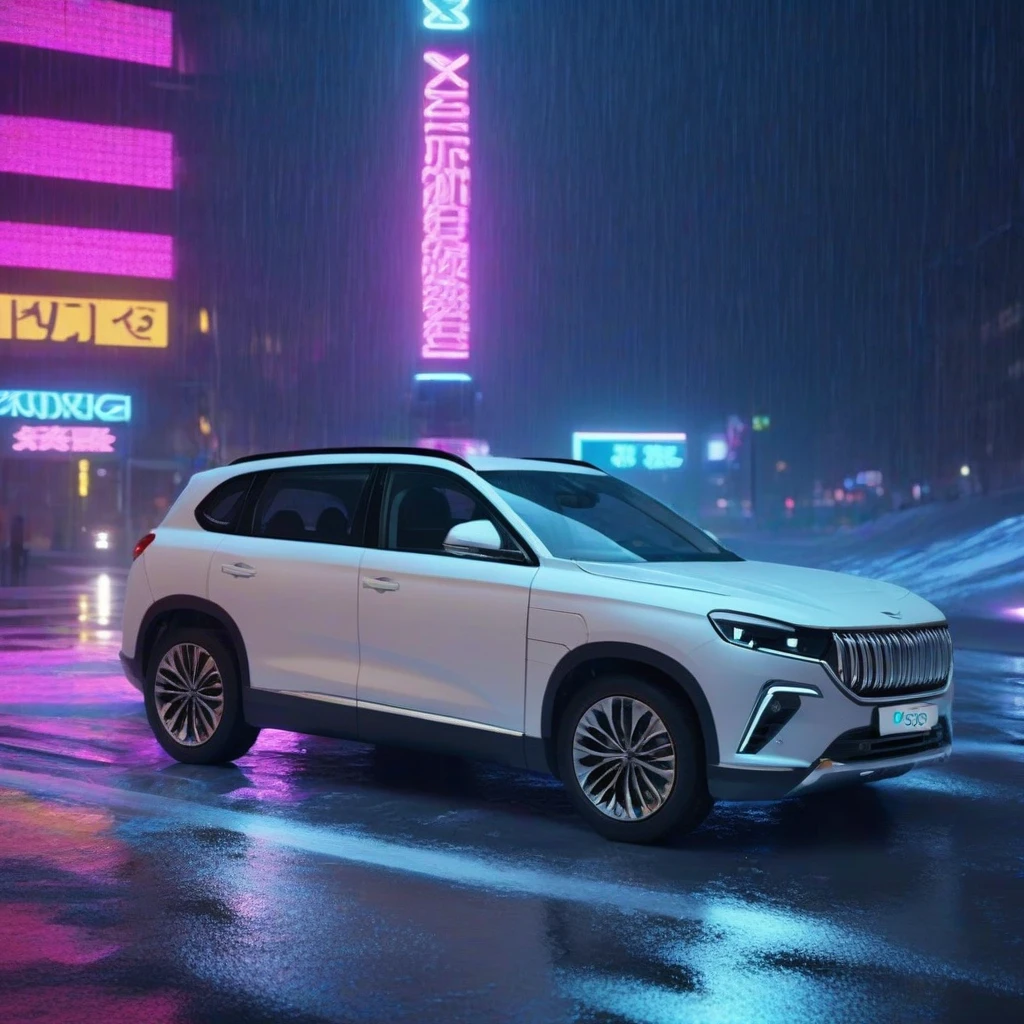 Detailed 4k 3d render photo of a car, togg, suv, t10x, driving under a relentless rainstorm through a neon-lit futuristic city