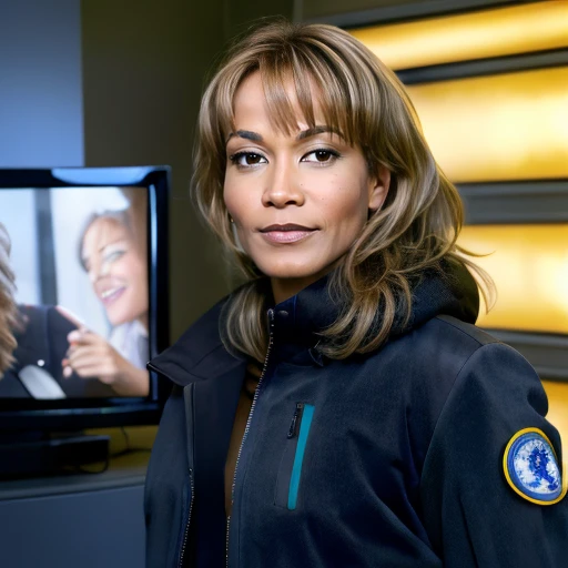 (masterpiece,4k), ((((1girl:1.2)))), a portrait of <lora:rachelLu:0.9> , looking behind camera, perfect_hands, background inpired from tv serie stargate atlantis