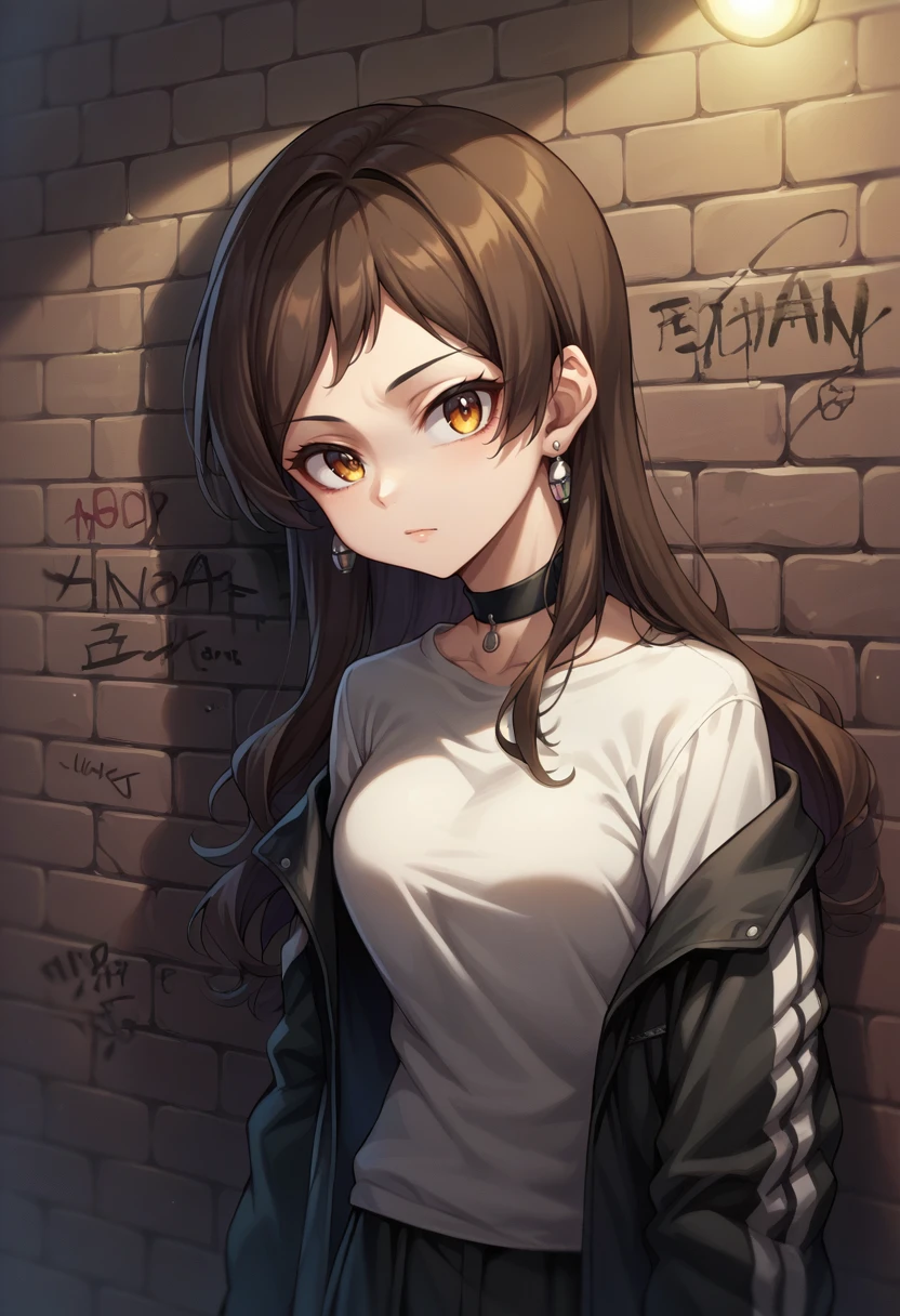 score_9, score_8_up, source_anime, 1girl, solo, KitazawaShiho, long hair, earrings, sharp eyes, choker, neon shirt, open jacket, turtleneck sweater, night, against wall, brick wall, graffiti, dim lighting, alley, looking at viewer, <lora:ChamKitazawaShihoPonyXL-000007:1>