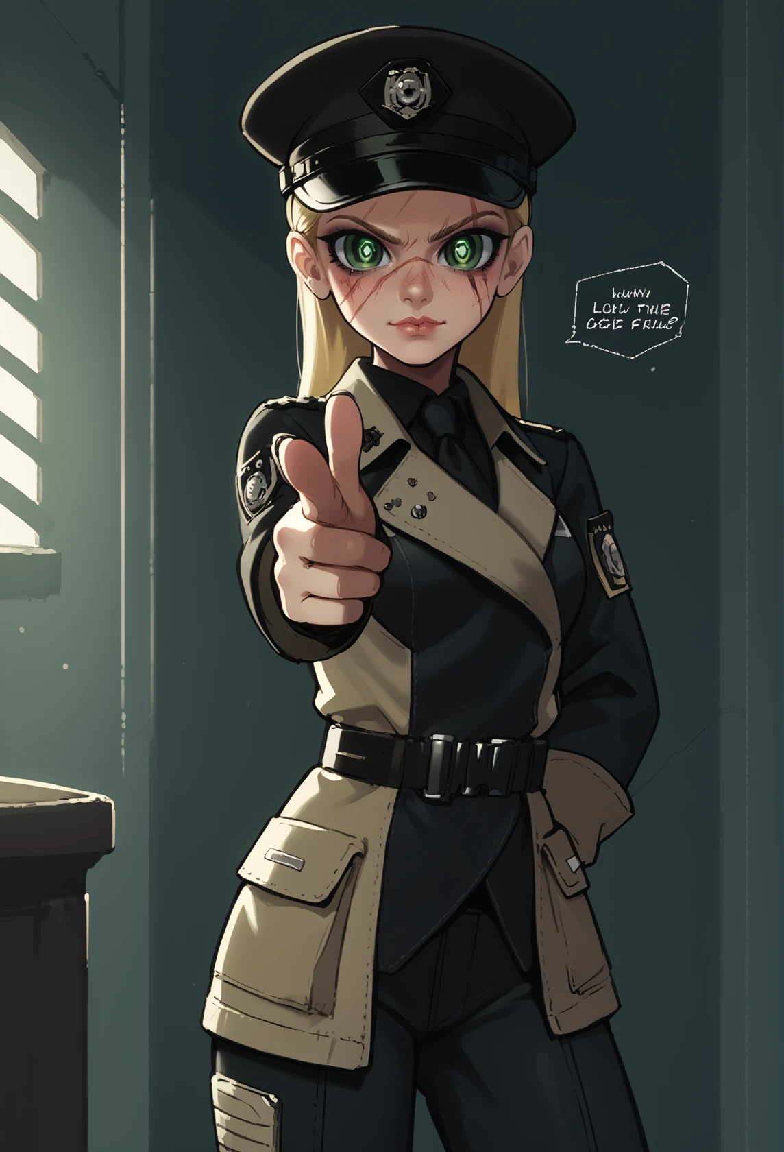 score_9, score_8_up, score_7_up, source_anime BREAK  (1girl), finger gun, pointing at viewer,<lora:Fingergun_XLPD:1.1>, blonde hair, scars,hat, peaked cap, green eyes, detailed eyes,angular and chiseled,enclaveuni,wearing uniform, <lora:Fallout_-_Enclave_Officer_UniformPONY:0.8>  ,  <lora:epic_anime_scenery_v0_1:0.23>,poster,Graphic novel bold lines dynamic poses speech bubbles,  dim lighting, dark theme,  <lora:powerpuff_girls_Kim_Crab_style-000009:1>