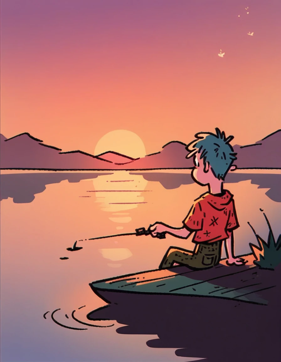 <lora:9305662421:1.2>     Bpb-kablam,score_9, score_8_up, score_7_up, score_6_up,1boy, sitting alone at a lake, fishing, from behind, sunset