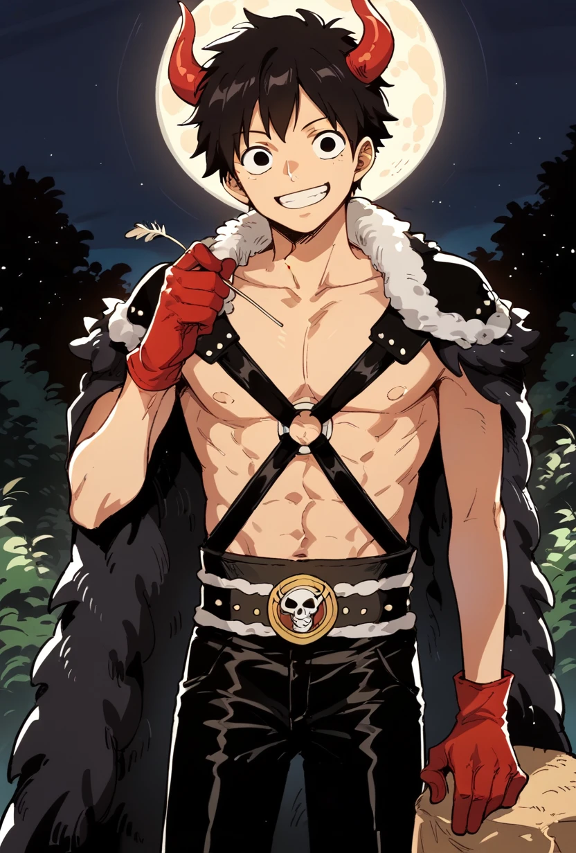 score_9, score_8_up, male bp outfit, cute, adorable, black hair, 1boy, solo, red horns, slim, straw hat, gloves, short hair, fur cape, black pants, smile, looking at viewer, rocks, night, fullmoon