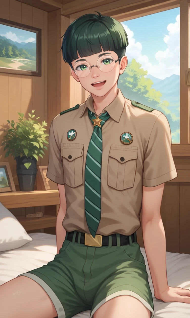 score_9, score_8_up, score_7_up, masterpiece, best quality, lots of details, (close-up:1.1), ((1boy)), Leonard, solo, (slim:1.2), glasses, looking at viewer, open mouth, light smile, male focus, sitting, on bed, brown-gray shirt, green necktie, green shorts, shaded, detailed shading, detailed skin, shaded skin, realistic shading, Expressiveh, countershading:1.1, cabin, single bed, bedroom, indoor plant, indoors, <lora:add-detail-xl:0.7>, <lora:Smooth Anime 2 Style SDXL_LoRA_Pony Diffusion V6 XL:0.8>, <lora:Expressive_H:0.8>, <lora:Leonard_XL_V10-000009:0.9>