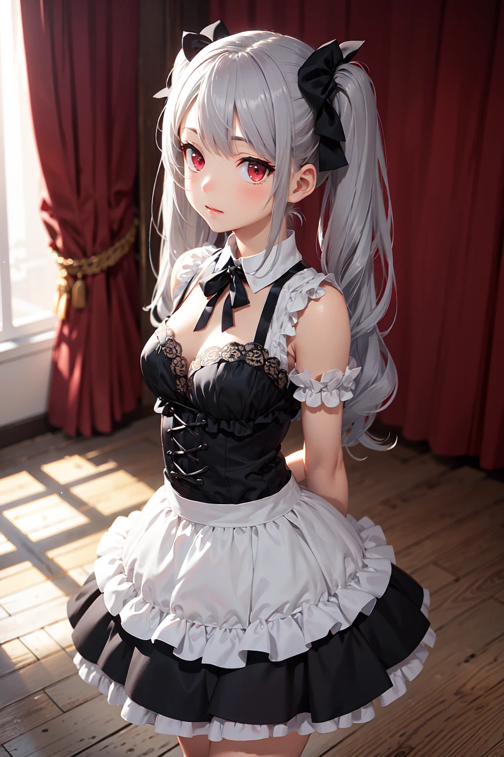 maid clothes,1girl,medium breasts,arms behind back,western background,indoors,<lora:HeightRatioSlider_v2:-0.3>,(best quality, masterpiece:1.2),gray hair,twintail,red eyes,black dress,