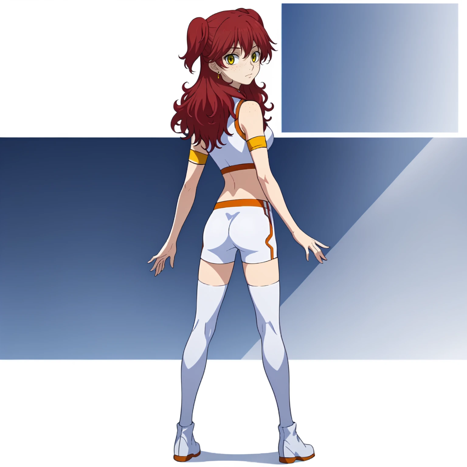 <lora:NenaTrinityXLpony006>,
solo,
NenaTrinity,1girl,
long hair,two side up,red hair,earrings,freckles,yellow eyes,
white bodysuit,midriff,sleeveless,
armband,
shorts,
white_thighhighs,
full body,standing,looking back,