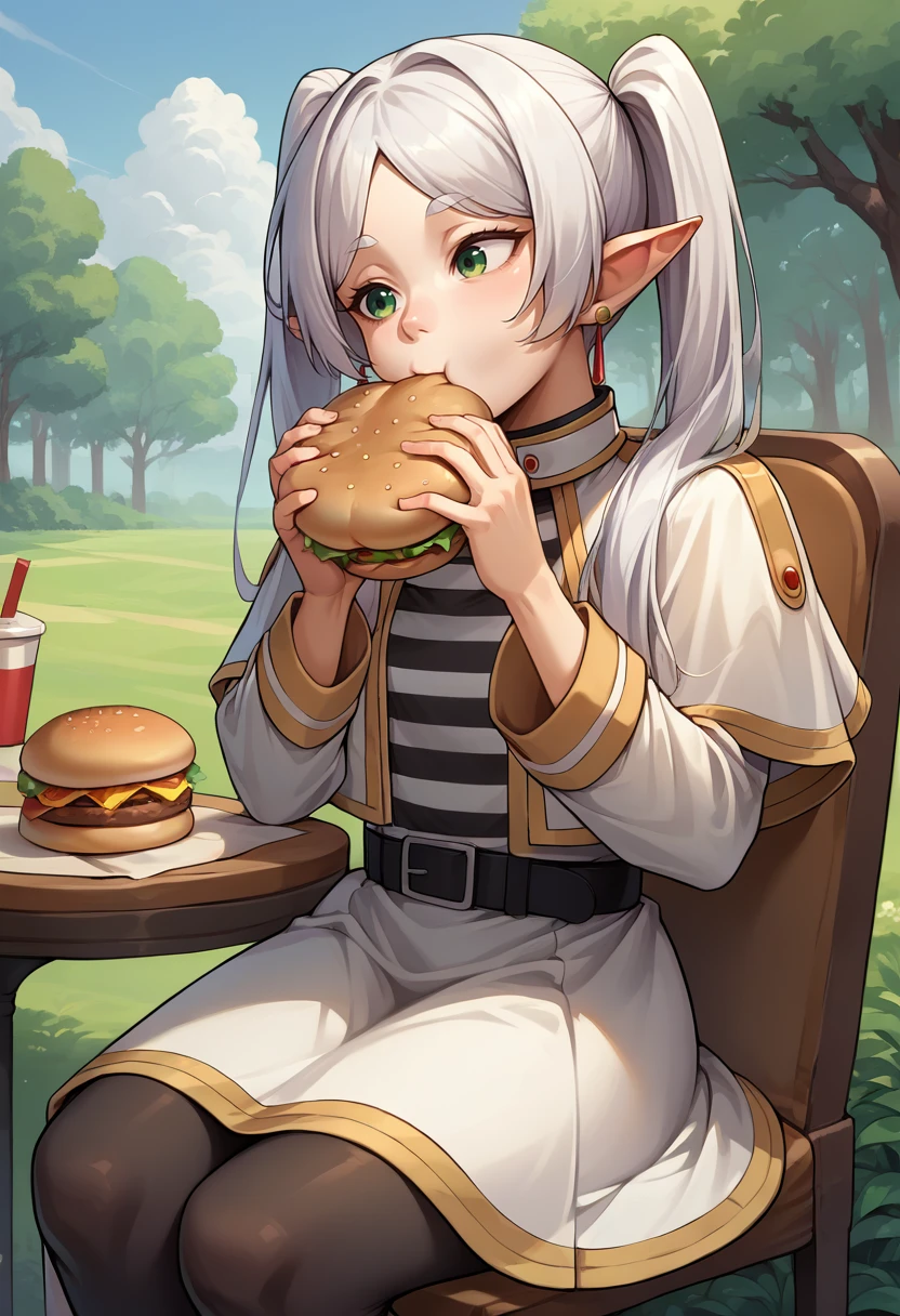 score_9, score_8_up, source_anime, 1girl, solo, FrierenBase, green eyes, white hair, long hair, twintails, earrings, white capelet, striped shirt, long sleeves, belt, white skirt, medium skirt, black pantyhose, outdoors, sitting on chair, eating a huge burger, <lora:ChamFrierenPonyXLCame-000008:1>