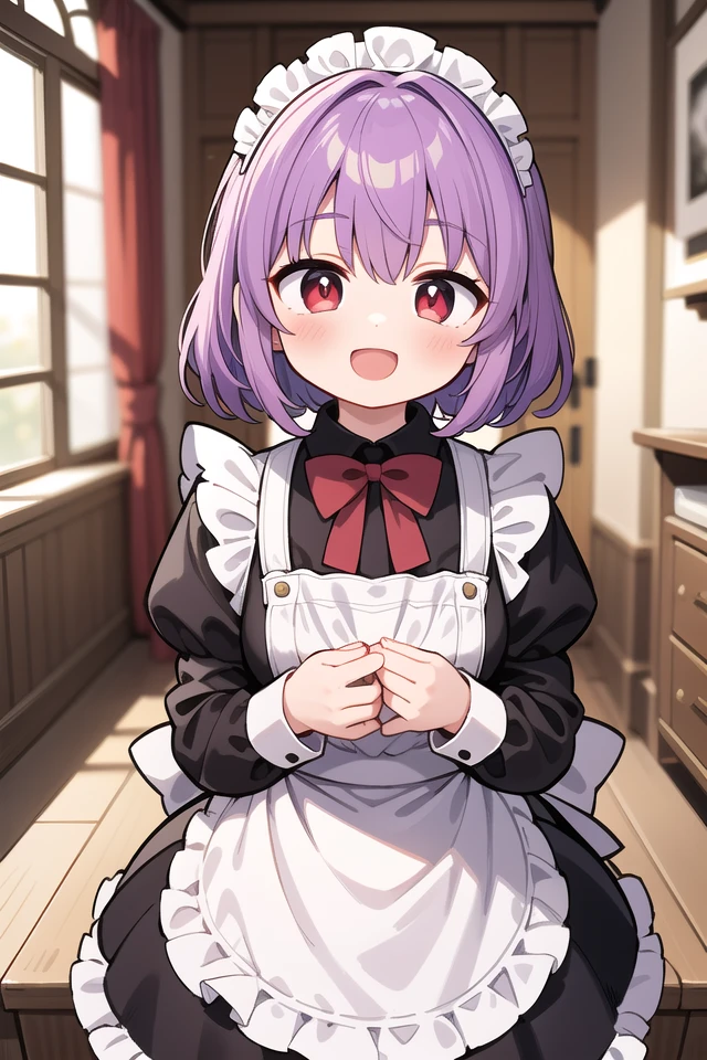 insanely detailed, absurdres, ultra-highres, ultra-detailed, best quality,
1girl, solo, nice hands, perfect hands
BREAK
(cleavage:-1.5),
(traditional maid:1.2),
apron, blush, bow, bowtie, frilled apron, frills, long sleeves, maid, maid apron, maid headdress, waist apron, white apron,
(maid costume, maid hair dress:1.3), long skirt
BREAK
happy smile, laugh, open mouth
BREAK
from above,
standing, cowboy shot, looking at viewer
BREAK
slender, kawaii, perfect symmetrical face, ultra cute girl, ultra cute face, ultra detailed eyes, ultra detailed hair, ultra cute, ultra beautiful
BREAK
fantasy world, in castle, indoors, antique interior, depth of field, ultra detailed background
BREAK
medium large breasts
BREAK
(purple hair, red eyes), medium hair, hime cut