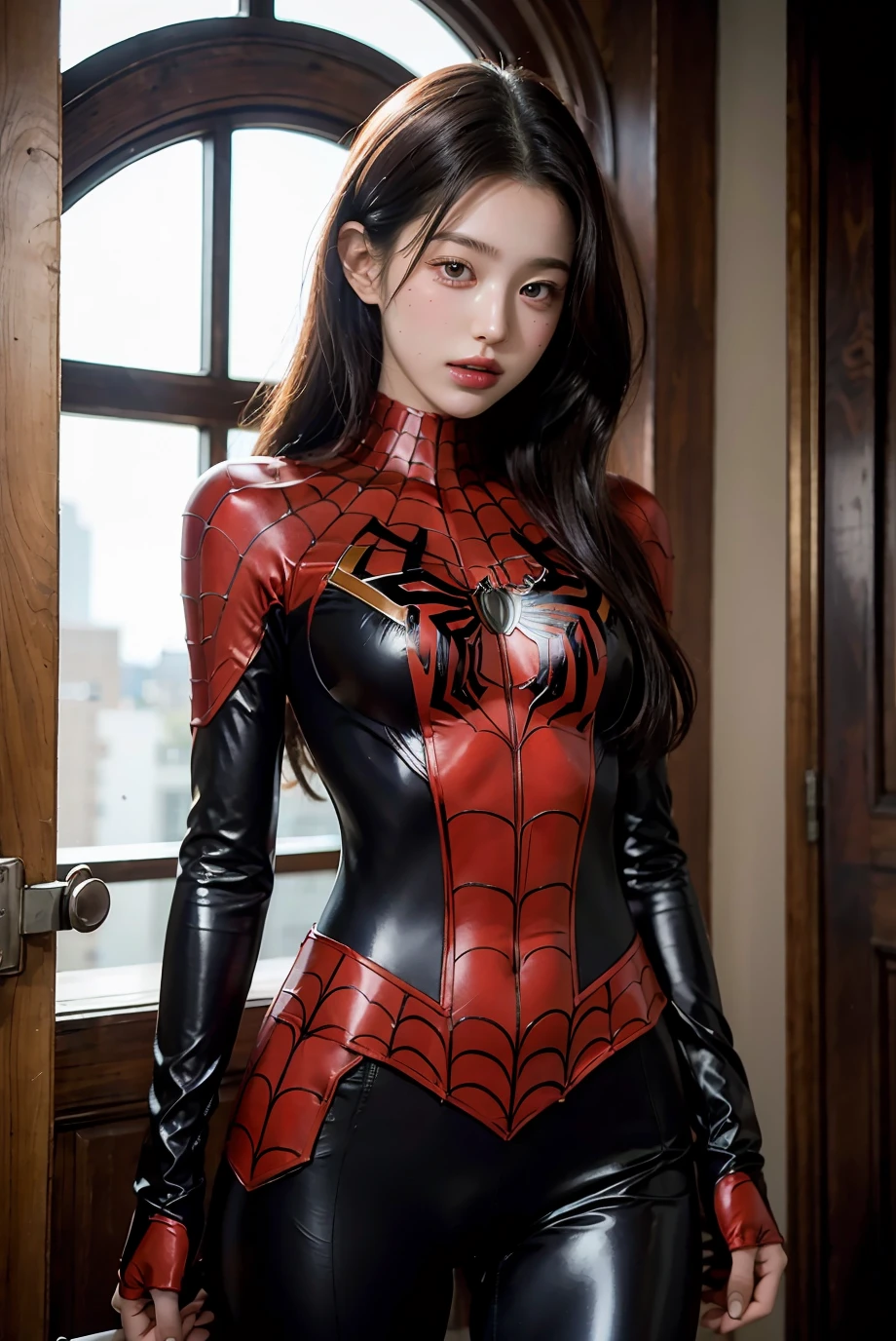 (masterpiece), best quality, perfect body, 18yo GIRL, spiderman armor suit,  <lora:for_everyoung10-02:1>