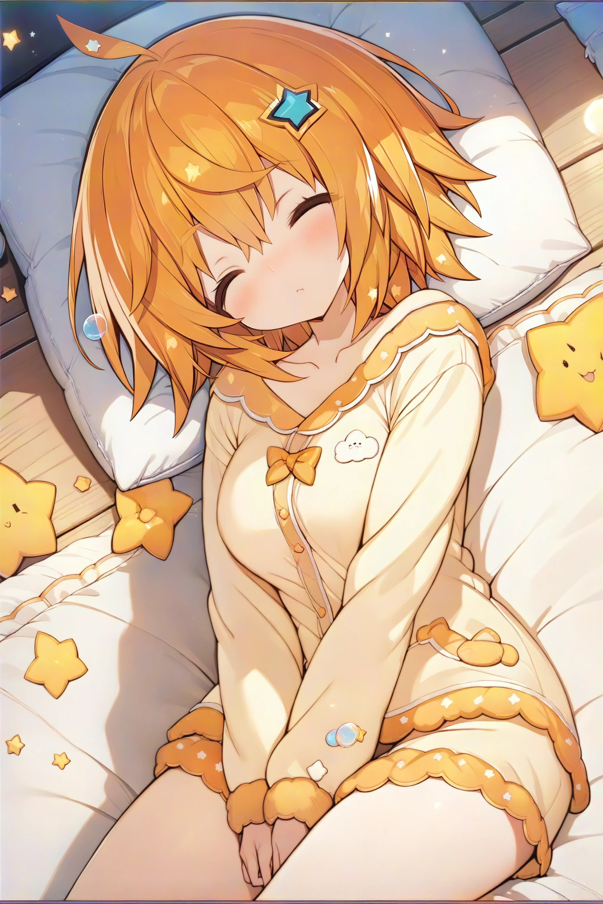 , masterpiece, absurdres, high detail, official art, 8k,
bedroom, bed sheet, pillow
lying, v arms, sleeping, nose bubbles, star \(symbol\),
tkle, orange hair, short hair, star hair ornament, pajamas,
<lora:XL_Animagine_uchihime-twinkle-t1:0.9>