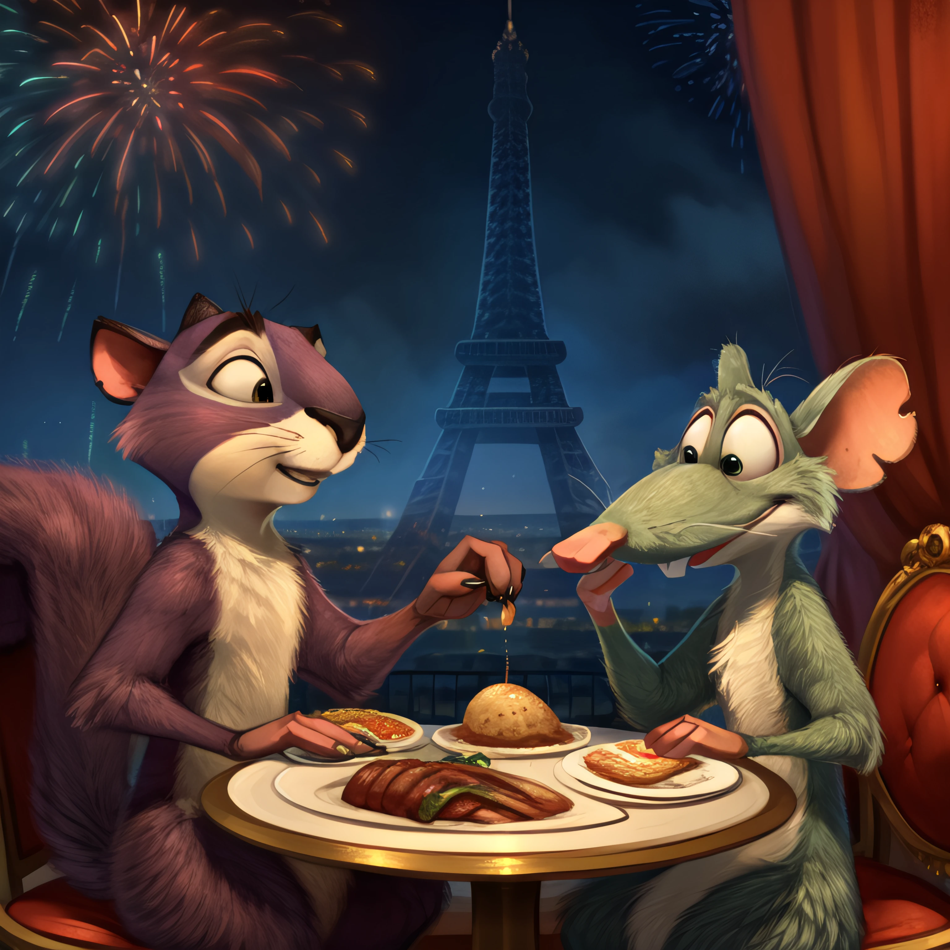 <lora:surly and buddy_1_:0.75>
(duo:1.25), (surly squirrel:1.1), (buddy rat:1.1), by carrot /(artist/), by dracovarvaelford, by honovy, by mcfan,, looking at another, fireworks, paris, Eifel tower, france, dinner table, sitting, balcony, best quality, eating ,dinner