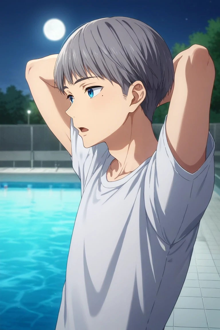 score_9, score_8_up, score_7_up, source_anime, rating_safe, intricate details, semi-realistic, , depth of field, 1boy, solo, male focus, <lora:aiichirou_nitori_pony:0.74>, aiichirou_nitori, grey hair, blue eyes, mole, mole under eye, from side, pool, night, crescent moon, arms behind head, open mouth, , <lora:sdxl_lightning_8step_lora:1>