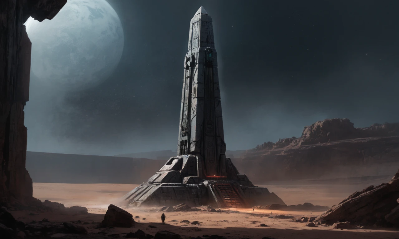 exotic biomechanical obelisk buried on rocky planet, atmospheric, cinematic concept art, futuristic science fiction, horror movie, alienrpg cover art  <lora:alienrpg:1>