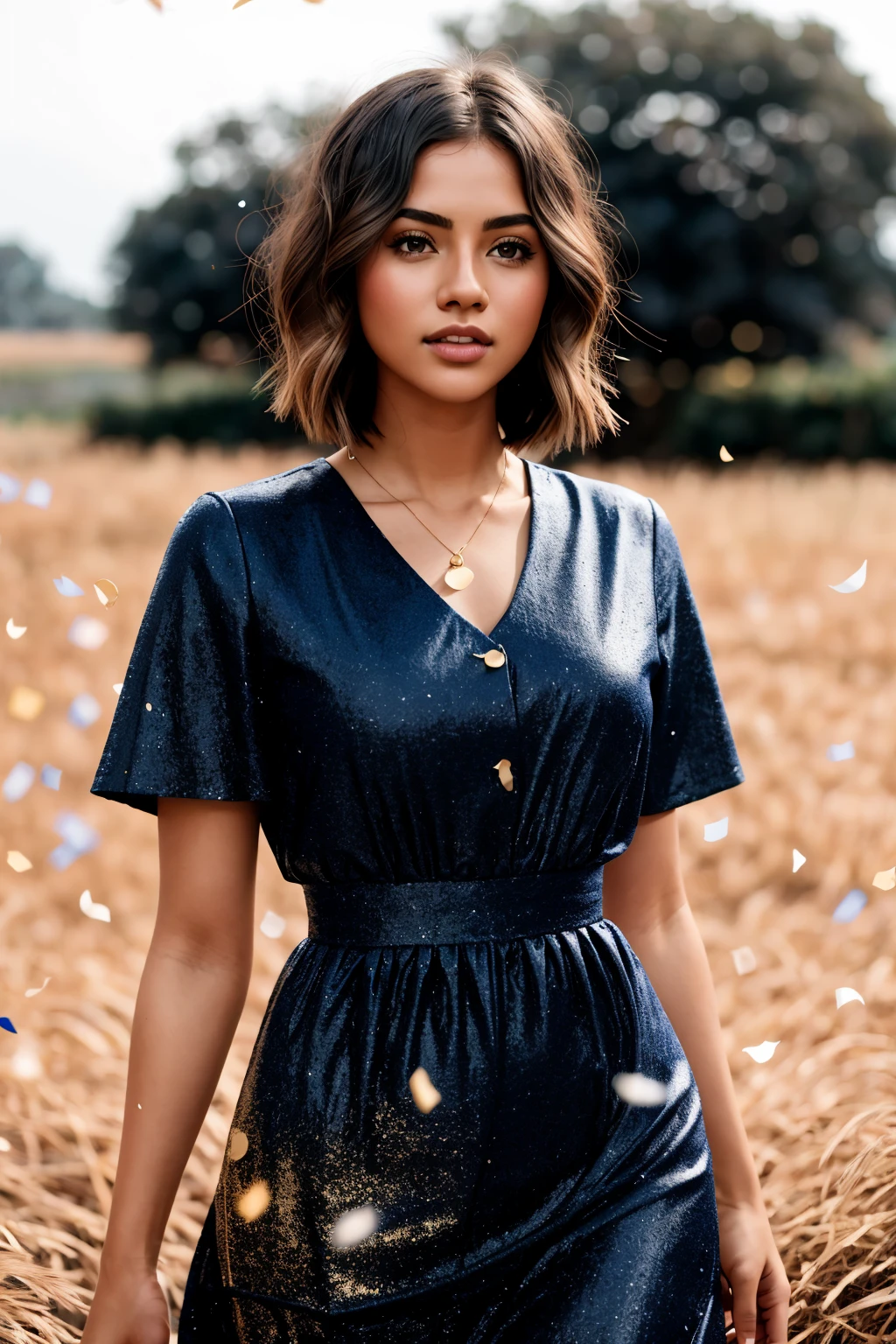 texture cinematic photo young woman in Navy Blue chmdrss, full body view, Golden very short hair, Biodegradable Confetti Fields <lora:Charming dress v1.07:1> . 35mm photograph, film, bokeh, professional, 4k, highly detailed top down close-up