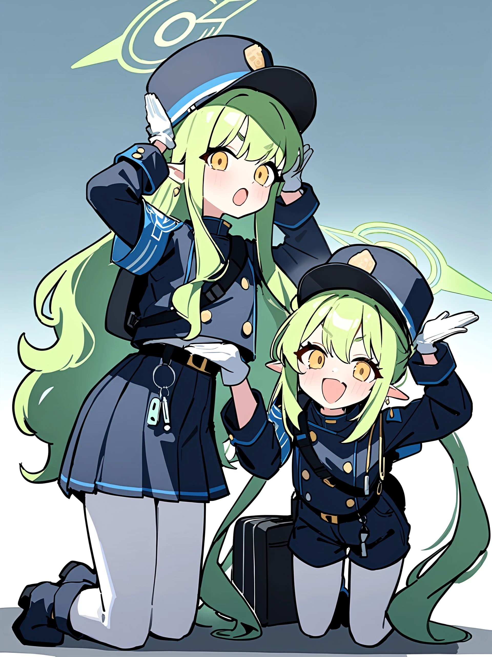 2girls, hikari \(blue archive\), blue archive,
arms up, bag, belt, blue footwear, blue skirt, boots, buttons, double-breasted, earrings, full body, gloves, green halo, jewelry, kneeling, long sleeves, looking at viewer, open mouth, pantyhose, pleated skirt, shoulder bag, sidelocks, skirt, solo, very long hair, white background, white gloves, white pantyhose, newest, general, good, absurdres, commentary, highres
masterpiece,best quality, newest, absurdres, safe <lora:ag31_twin_fp8-000036:1>