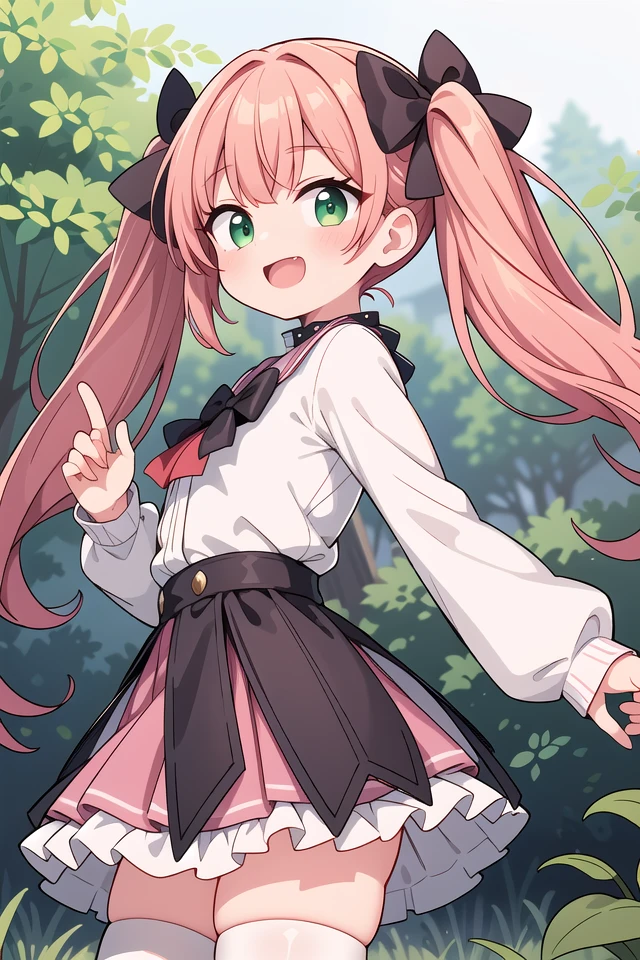 insanely detailed, absurdres, ultra-highres, ultra-detailed, best quality,
1girl, solo, nice hands, perfect hands
BREAK
jirai kei,thighhighs, skirt, twintails, pink skirt, collar, bow, black thighhighs, black bow, long hair, pink bow, hair bow, spiked collar
, (cleavage:-1.5)
BREAK
happy smile, laugh, open mouth
BREAK
from side,
standing, cowboy shot, looking at viewer
BREAK
slender, kawaii, perfect symmetrical face, ultra cute girl, ultra cute face, ultra detailed eyes, ultra detailed hair, ultra cute, ultra beautiful
BREAK
in forest, depth of field, ultra detailed background
BREAK
large breasts
BREAK
(red hair, green eyes), medium hair, hime cut