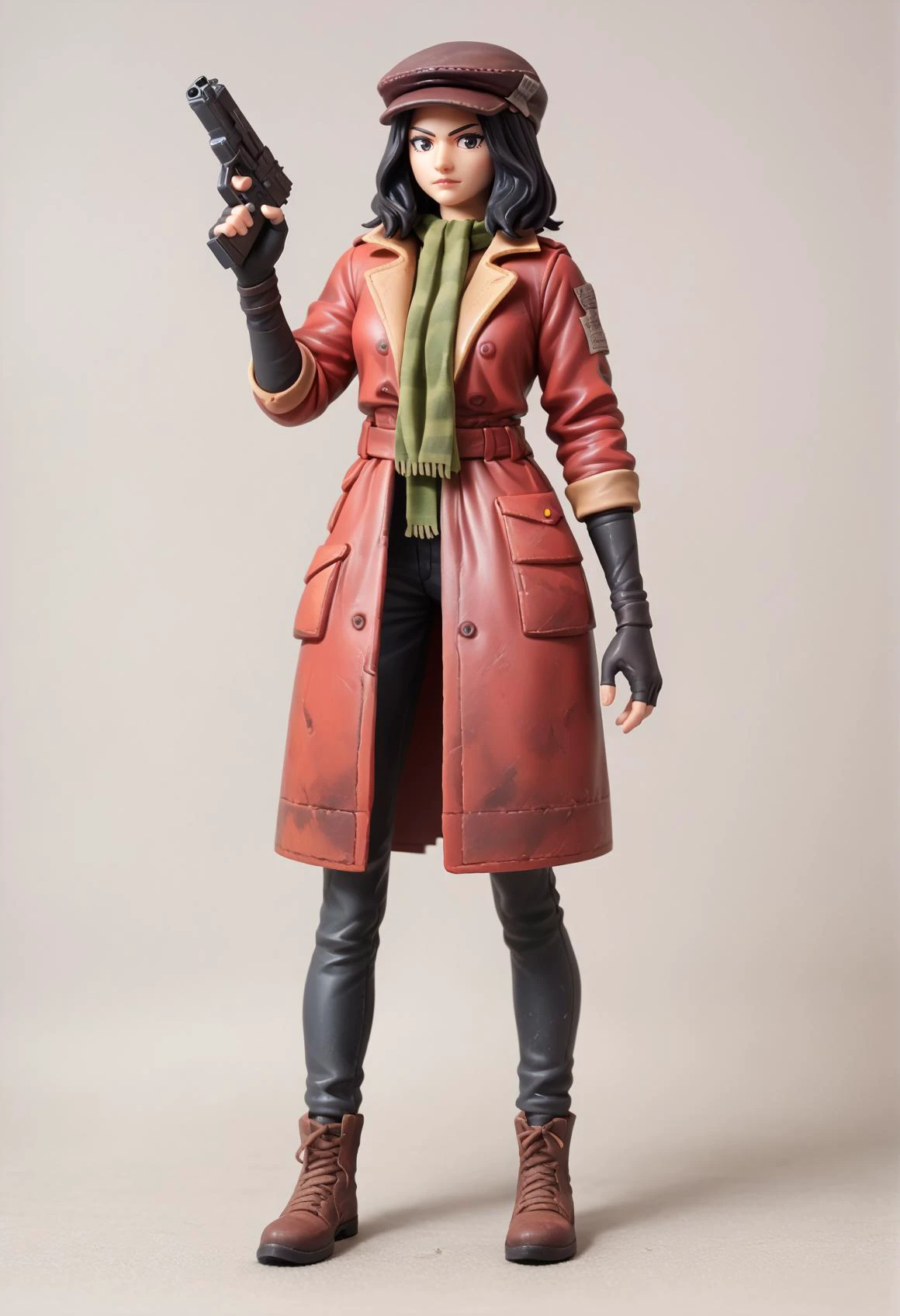 1girl, medium hair, black hair, cabbie hat, green scarf, striped scarf, red coat, fingerless gloves, cowboy shot, looking at viewer <lora:Piper_Wright:0.8>score_9, score_8_up, score_7_up, score_6_up, score_5_up, score_4_up, BREAK source_anime, figure, full body, holding gun,