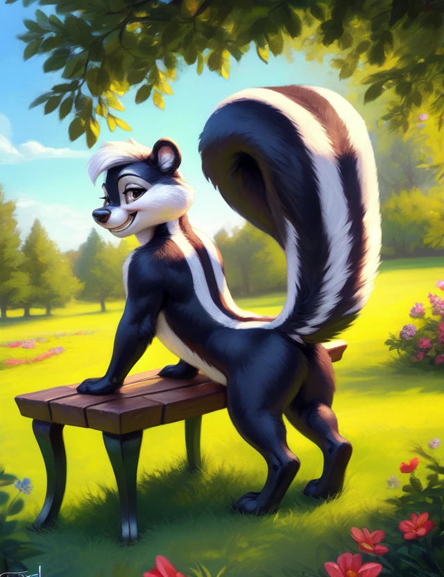 <lora:PepelePewTunesI:1>   PepelePewTunesI, skunk, antro, furry, (grin, leaning forward)
solo,  [park, grass, France, bench, flowers, bushes, clear sunny day, sky with clouds,],  day, (beautiful, aesthetic, perfect, delicate, intricate), masterpiece, nude, naced, 
by ulitochka, by taran fiddler, by Silverfox5213, by personalami,