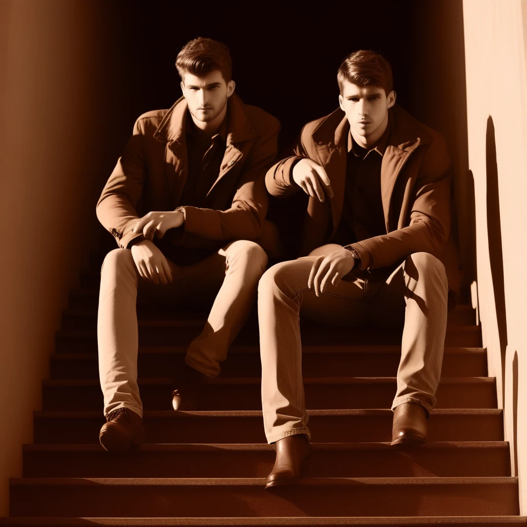 greyscale, cigarette, 2boys, stairs, brown hair, upper body, shadow, jacket, manly