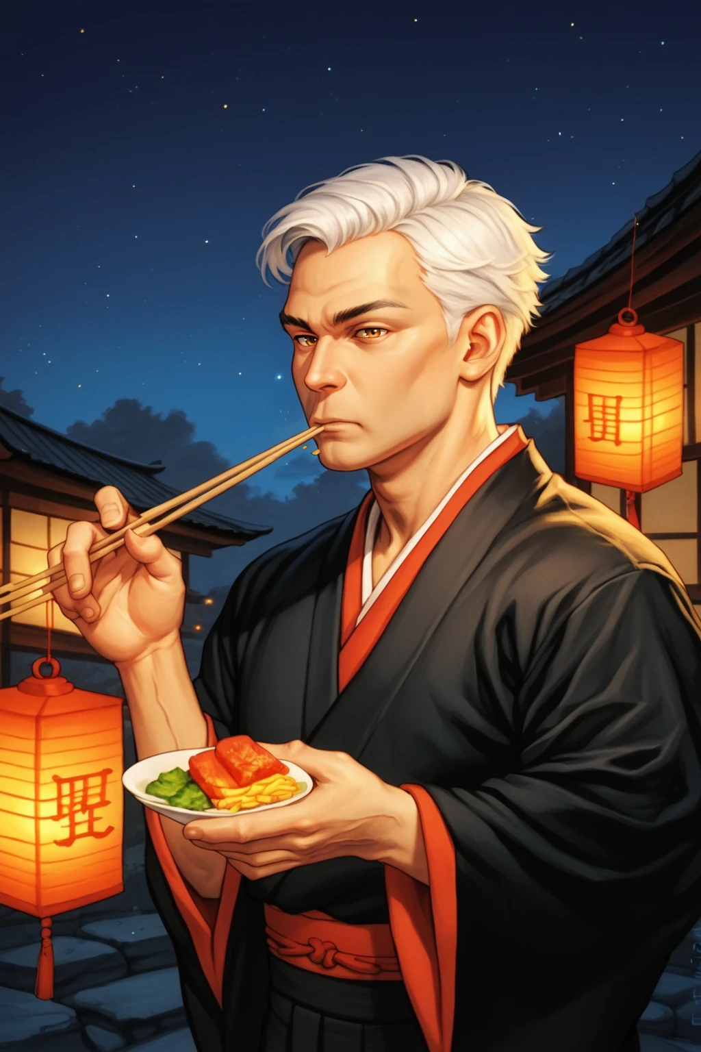 PonyXLV6_Scores , dsktrdcardxl, 1boy, black kimono, brown eyes, chopsticks, eating, floral print, food, holding, japanese clothes, kimono, lantern, looking at viewer, male focus, night, night sky, sky, solo, white hair, yellow eyes, traditional media, 