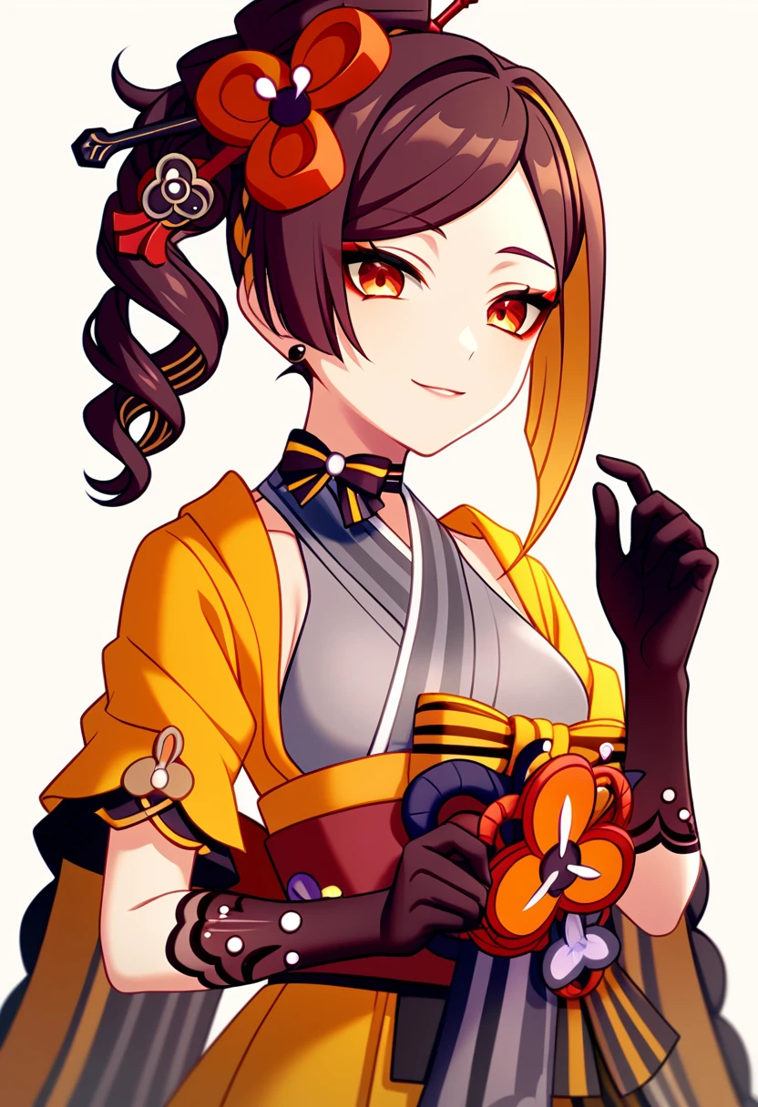 score_9,score_8_up,score_7_up,<lora:genshin_pony_v3:1>,1girl, solo, upper_body, smile, eyeshadow, choker, highres, simple_background, chiori_\(genshin_impact\), grey_kimono, commentary_request, side_ponytail, white_background, pochimaru_\(marumaru_wanwan\), partial_commentary, short_sleeves, black_gloves, looking_at_viewer