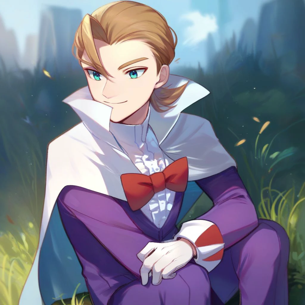 score_9,score_8_up,score_7_up,score_6_up,score_5_up,score_4_up, solo, 1boy, male focus, light brown hair, blue eyes, purple shirt, red bowtie, white cape, purple pants, inner frills, white gloves, sitting, outdoors, smile, grass