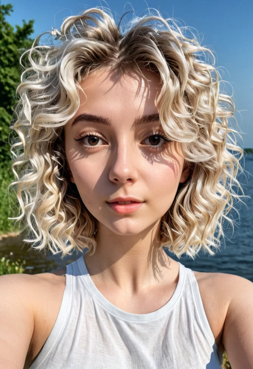 selfie girl, 19 years old, with short white blonde wavy hair, new your background without people, wearing casual clothes, summer vibes, colourful scene, midshot, professional photography, ultra sharp focus
