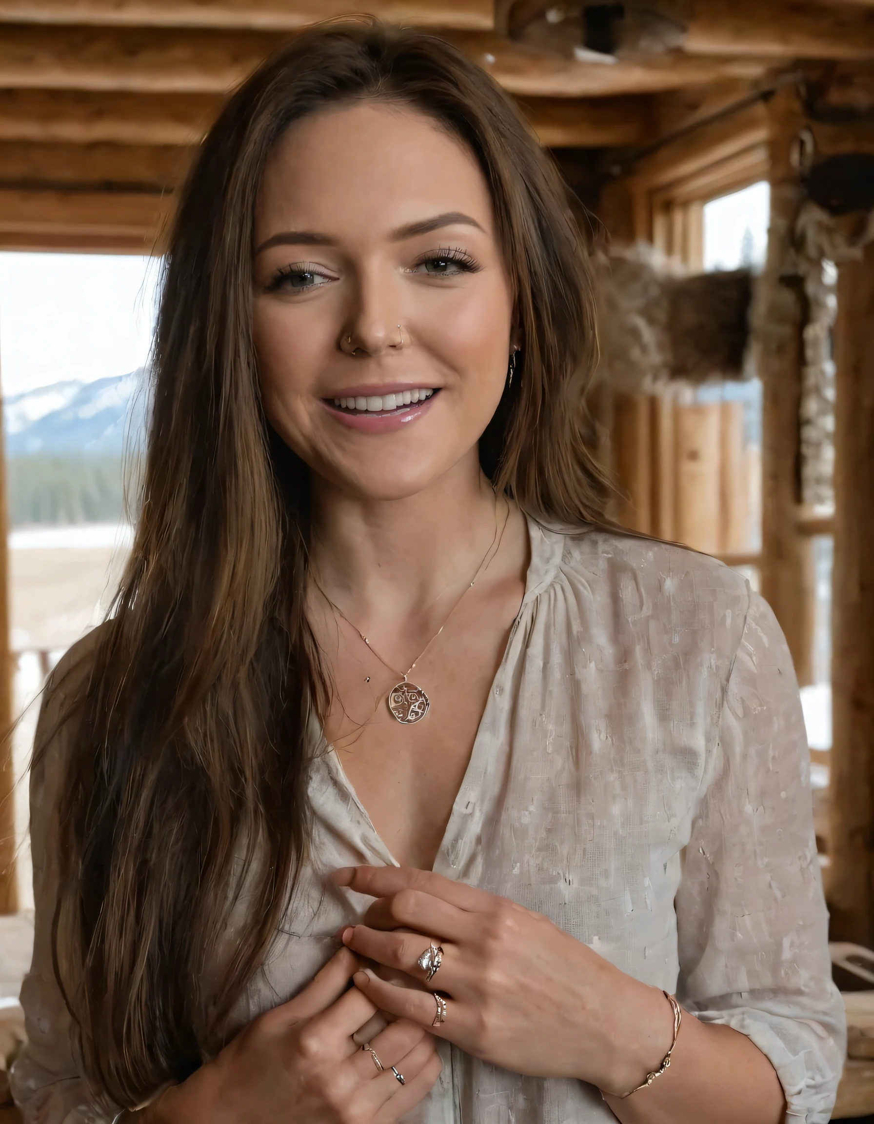 Haley Nicole with long brown hair, parted lips, and a warm smile, donned in her favorite attire, holds a dainty necklace with a delicate pendant and a captivating ring on her finger as she poses effortlessly among the serene ambiance of the rustic cabin. <lora:mzlopj18f4b1703acz5d3:1>