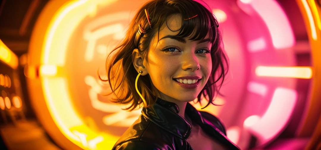 1gir, short hair. (sexy grin smile:1.1), night street background, 
(yellow neon lights, shift_color_hue:1.442), (hair clip:1.5),