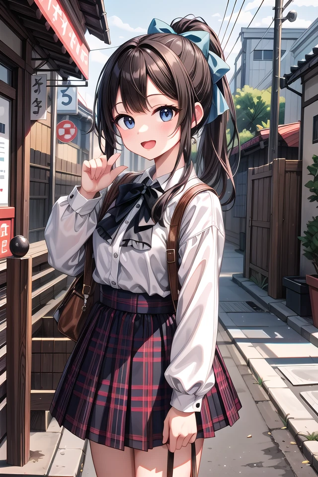 insanely detailed, absurdres, ultra-highres, ultra-detailed, best quality,
1girl, solo, nice hands, perfect hands
BREAK
jirai kei,plaid skirt, shirt, long sleeves, bow, blue skirt, white shoulder frilly shirt, outdoors, blue bow, long hair
, (cleavage:-1.5)
BREAK
happy smile, laugh, open mouth
BREAK
45 angle,
standing, cowboy shot, looking at viewer
BREAK
slender, kawaii, perfect symmetrical face, ultra cute girl, ultra cute face, ultra detailed eyes, ultra detailed hair, ultra cute, ultra beautiful
BREAK
in japanese street, cityscape in japan, depth of field, ultra detailed background
BREAK
large breasts
BREAK
black hair, black eyes, ponytail,