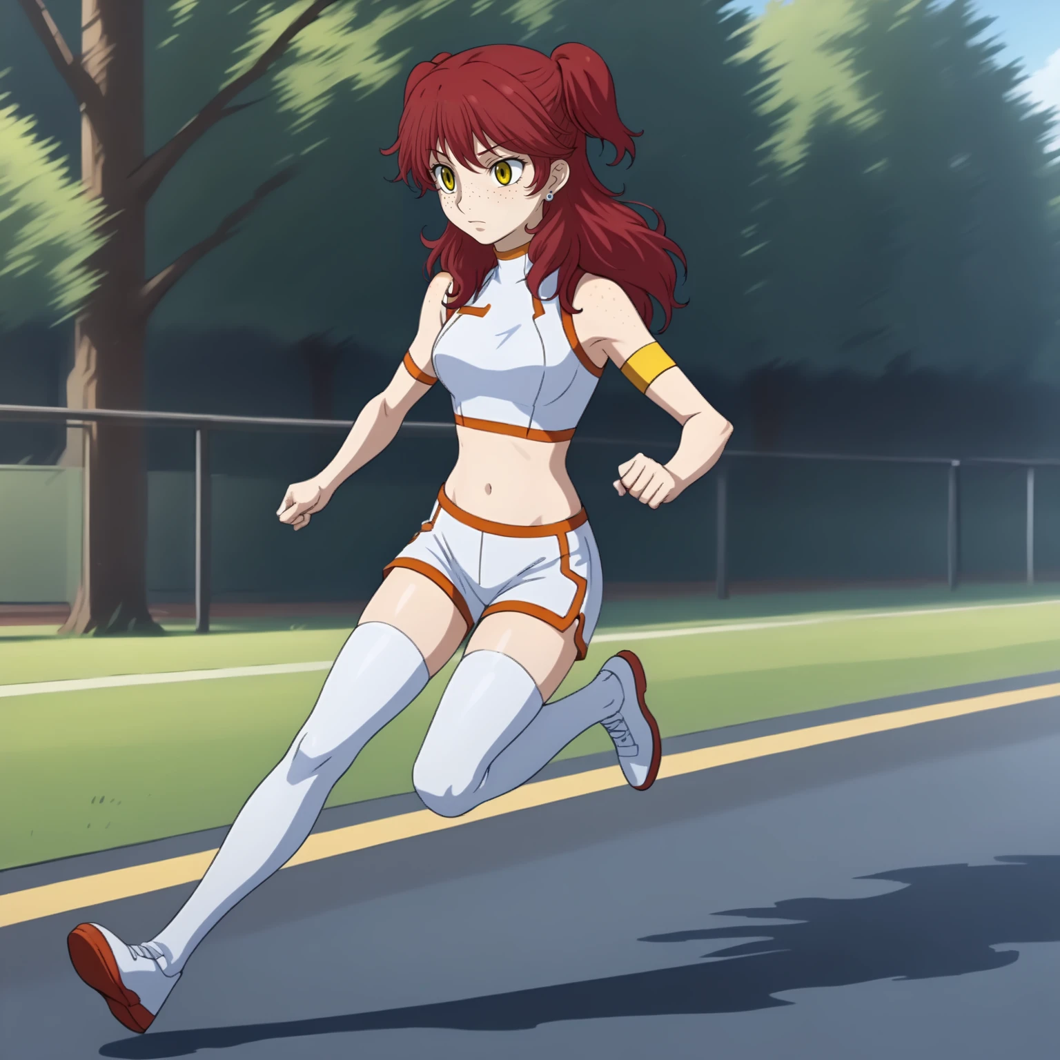 <lora:NenaTrinityXLpony006>,
solo,
NenaTrinity,1girl,
long hair,two side up,red hair,earrings,freckles,yellow eyes,
white bodysuit,midriff,sleeveless,
armband,
shorts,
white_thighhighs,
full body,running,