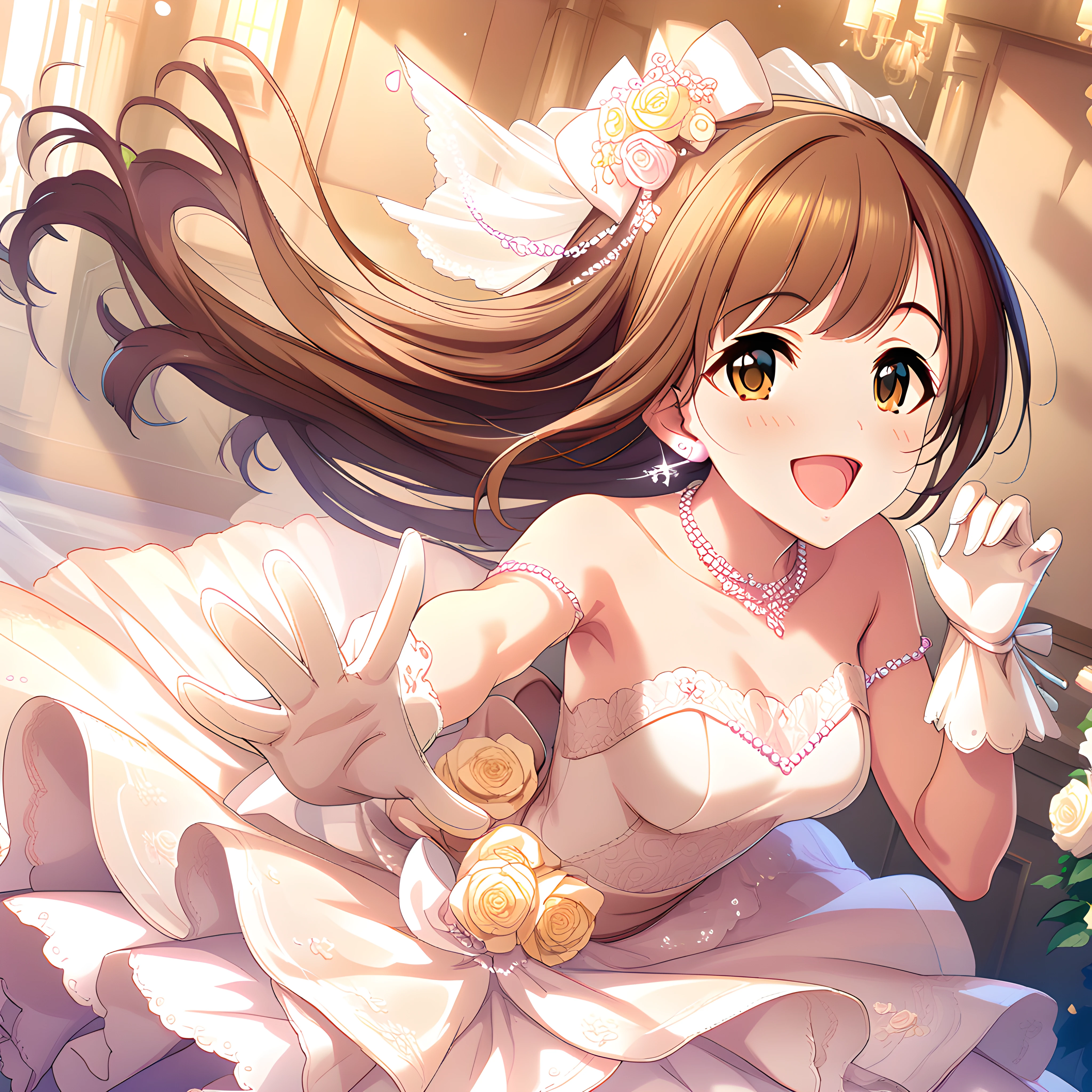 (masterpiece),(best quality),(ultra-detailed),(best illustration),(best shadow),(absurdres),(detailed background),(very aesthetic), kyoko igarashi, weddingdress, brown hair, dress, gloves, brown eyes,long hair,  strapless dress, jewelry, smile, open mouth, flower, strapless<lora:Kyoko_Igarashi__äºååµé¿å­_-_The_Idolmster_Cinderella_Girls__ã¢ã¤ãã«ãã¹ã¿ã¼ã·ã³ãã¬ã©ã¬ã¼ã«ãº_SDXL_Animagine_XL_3.1:1>