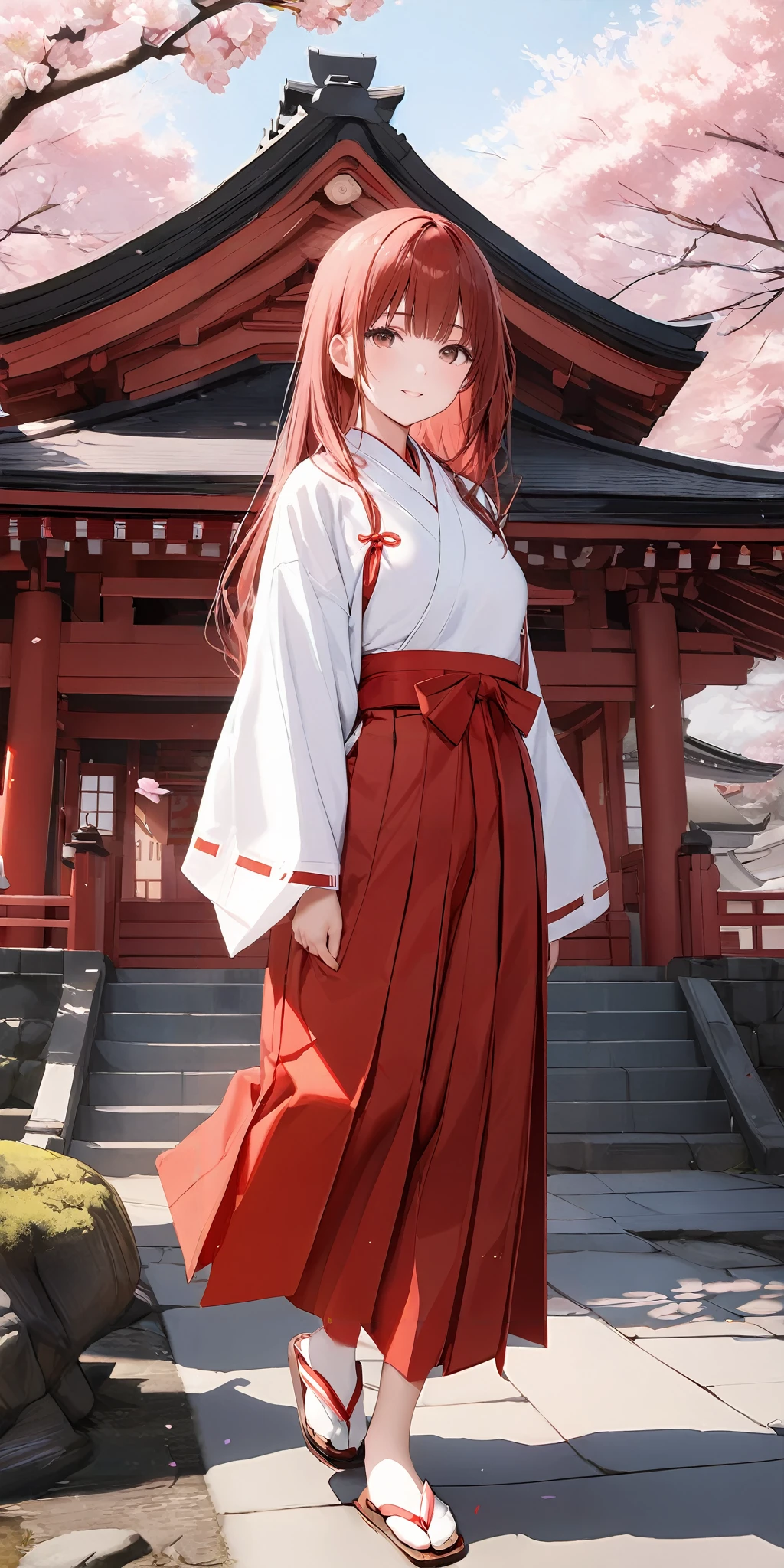 masterpiece,ultra-detailed,best quality,8K,illustration,cute face,clean skin ,shiny hair,
girl,simple background, full body,<lora:add-detail-xl:1>    <lora:miko_XL_V1.0:0.6> jyojifuku, miko,red hakama,temple,cherry blossom