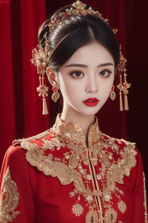 ltra-detailed,highly detailed,best quality,masterpiece,illustration,realistic,photorealistic,
xiuhefu, red theme clothes, 
1girl, solo, 
black hair, hair ornament, 
looking at viewer, 
 <lora:xiuhefu_v1_02:0.7>